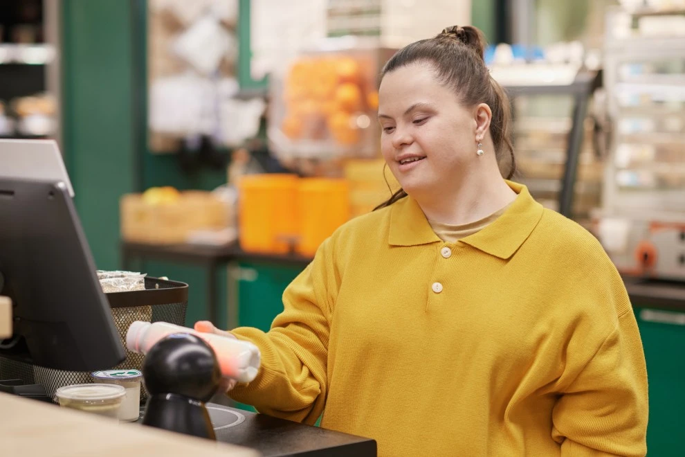 Disabled woman buying groceries